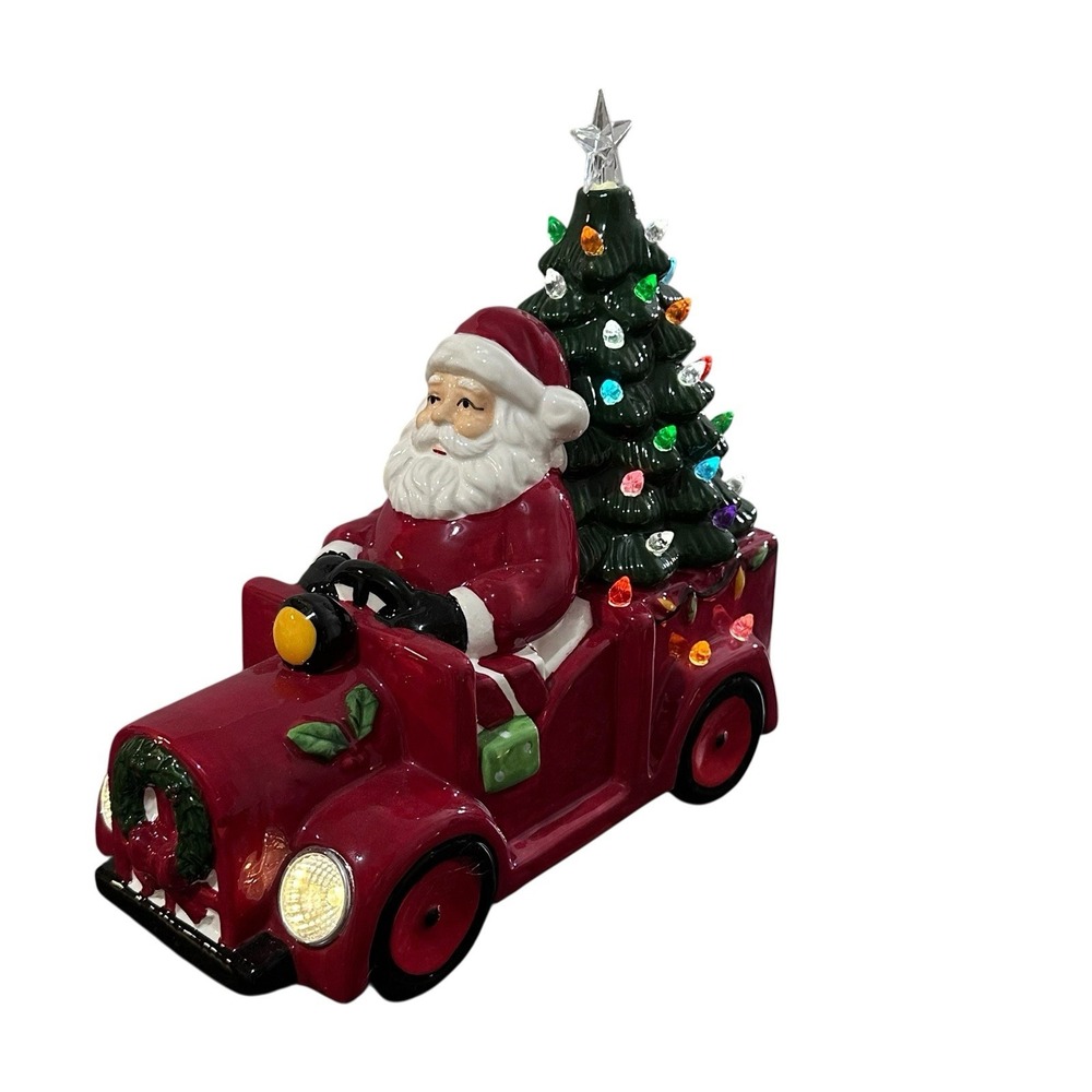 Ceramic Santa's Red Christmas Tree Delivery Truck Lights‎ Up Night Light
